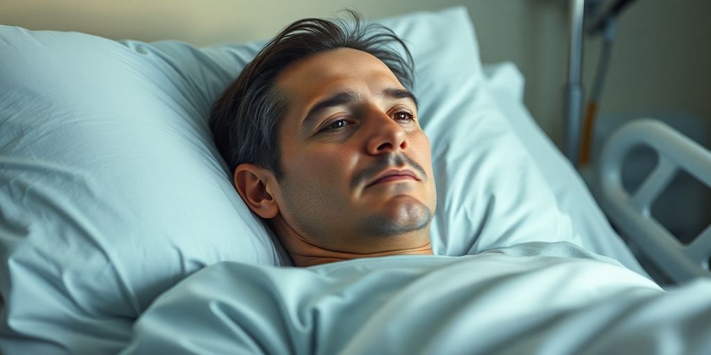 Homem deitado na cama de hospital, recebendo cuidados.