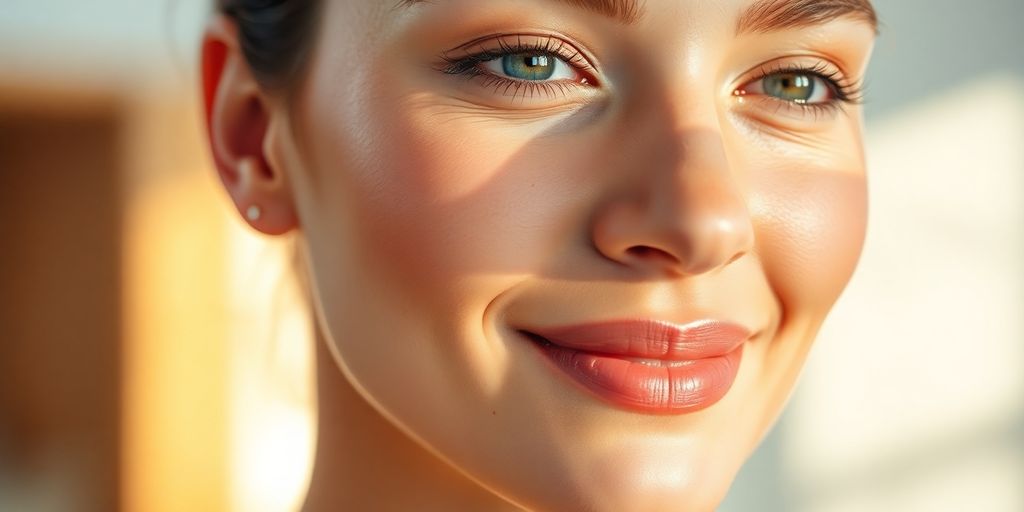 Rosto feminino jovem, pele radiante, tecnologia avançada.