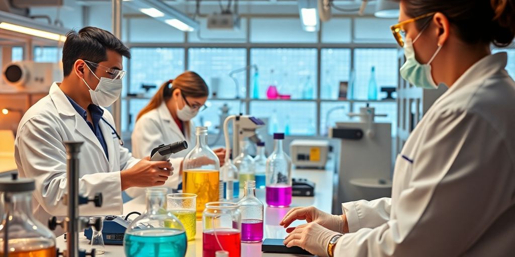 Cientistas em laboratório com equipamentos de alta tecnologia.