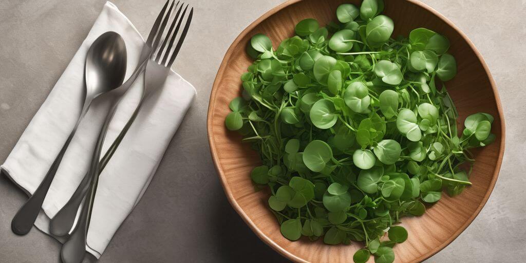 watercress in a bowl on a dining table with digestive health elements
