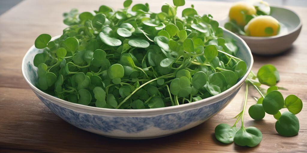 watercress in a salad bowl on a dining table