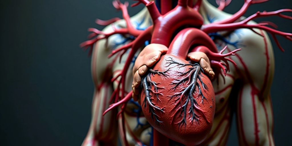 Coração humano com artérias e veias visíveis danificadas.