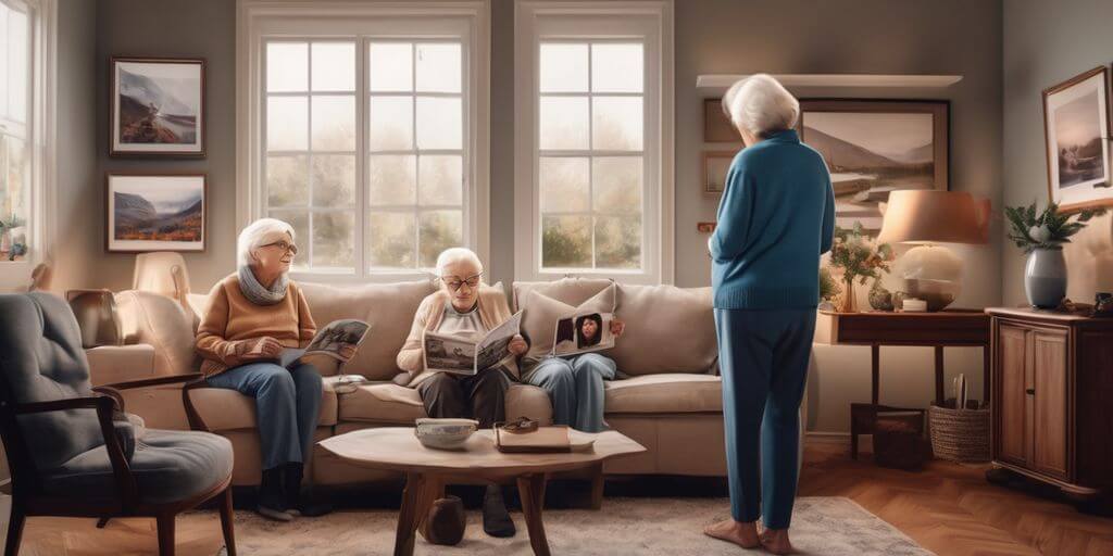 elderly person looking at family photos in a cozy living room