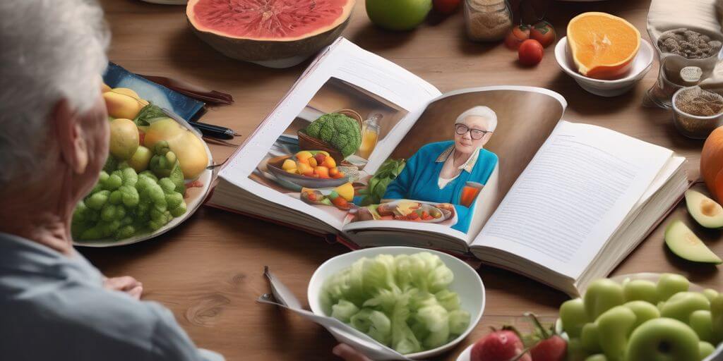 elderly person looking at photo album with healthy food on the table