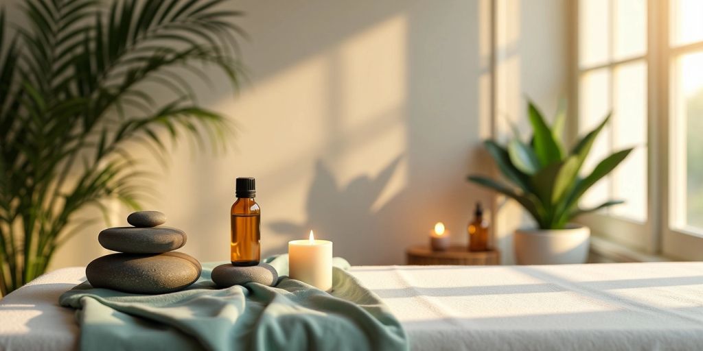Imagem de um spa tranquilo com mesa de massagem.