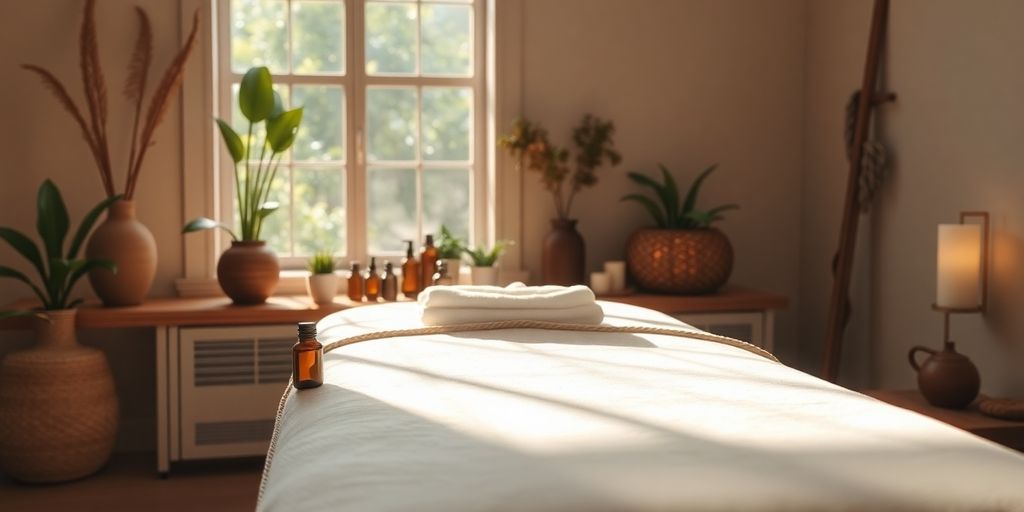 Imagem realista de um ambiente de massagem relaxante.