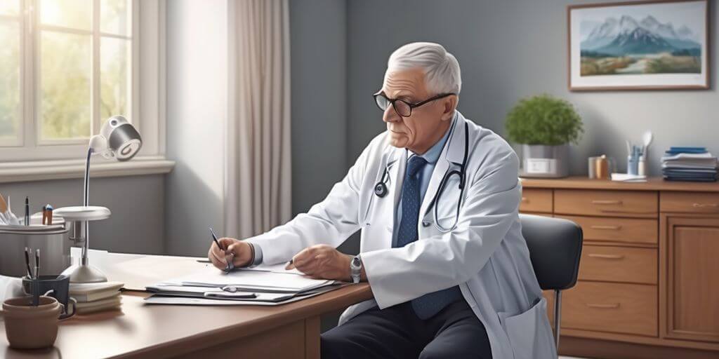 doctor consulting with elderly male patient in clinic office, prostate health concept