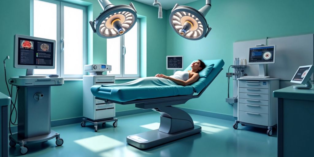 Sala de cirurgia moderna e limpa com paciente.