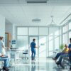 Profissionais de saúde atendendo pacientes em ambiente moderno.