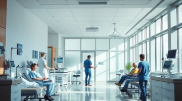 Profissionais de saúde atendendo pacientes em ambiente moderno.