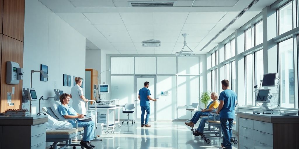 Profissionais de saúde atendendo pacientes em ambiente moderno.