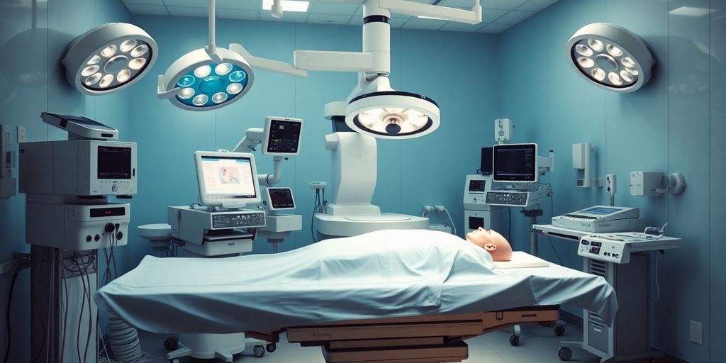 Sala de cirurgia moderna com equipas médicas a trabalhar.