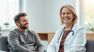 Médico sorridente interagindo com paciente feliz