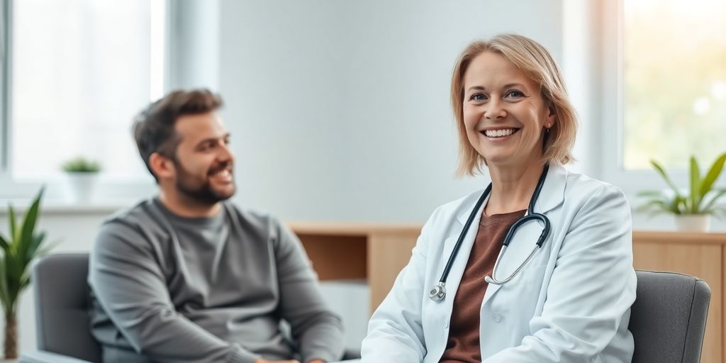 Médico sorridente interagindo com paciente feliz