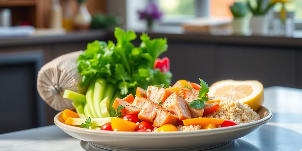 Prato saudável com vegetais e proteínas magras.