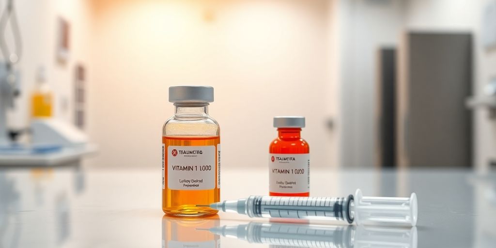 Frascos de vitaminas e seringas em mesa médica.