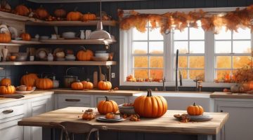 cozy autumn kitchen with pumpkin dishes