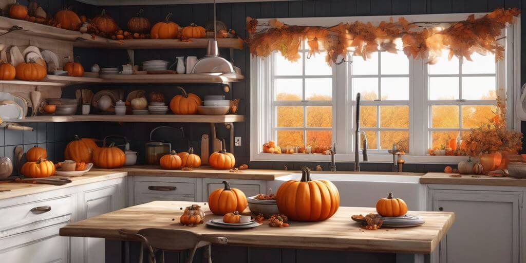 cozy autumn kitchen with pumpkin dishes