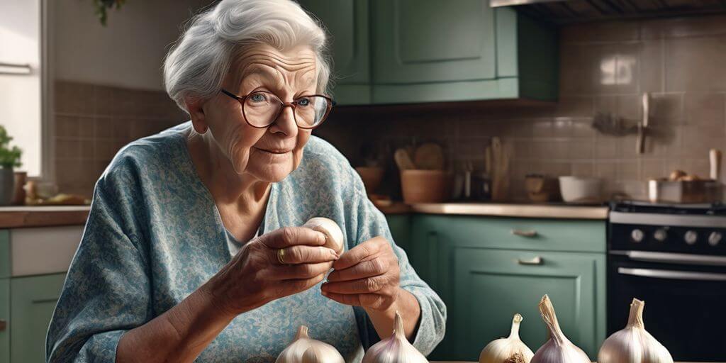elderly person holding garlic in a kitchen