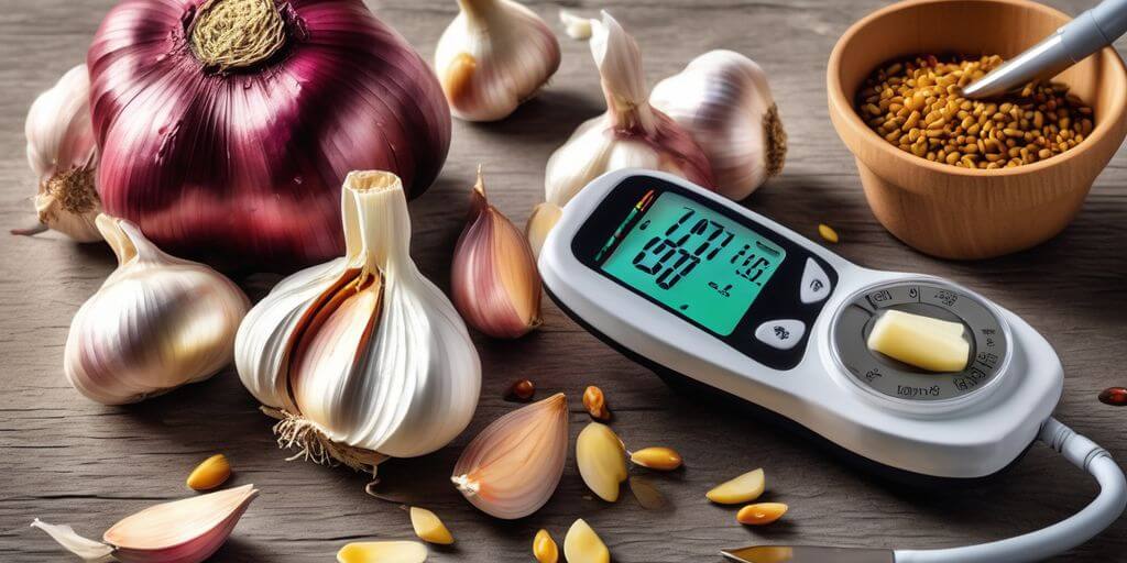 garlic cloves with blood sugar monitor and healthy food