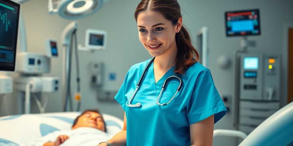 Enfermeira moderna em ambiente hospitalar com paciente.