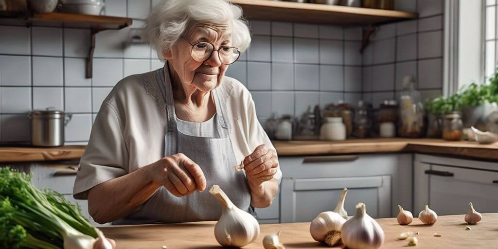 elderly person holding garlic in a kitchen