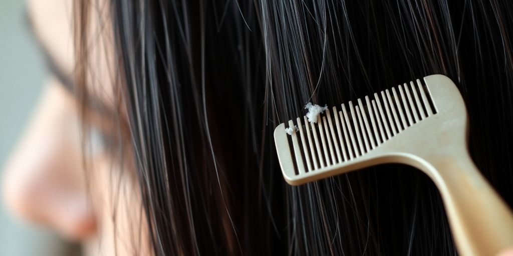 Cabelo escuro com flocos de caspa e um pente fino