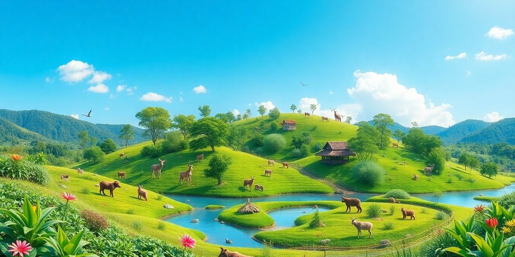 Paisagem verdejante com natureza e vida selvagem diversa.