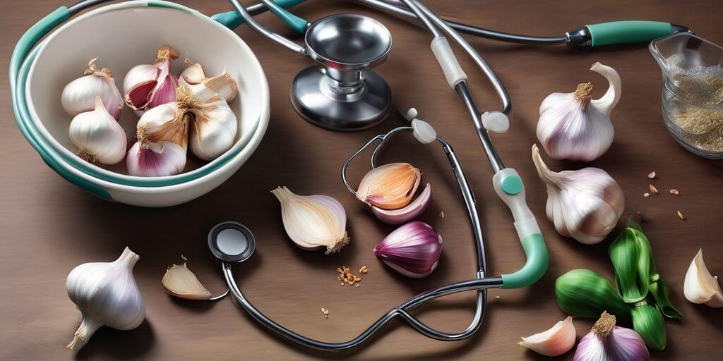 garlic cloves with stethoscope and cooking utensils