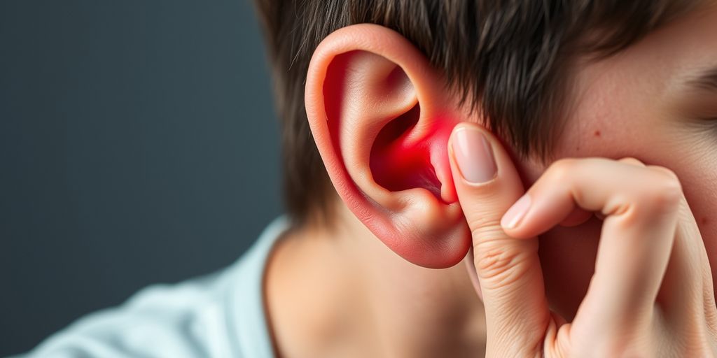 Person holding ear with sound waves