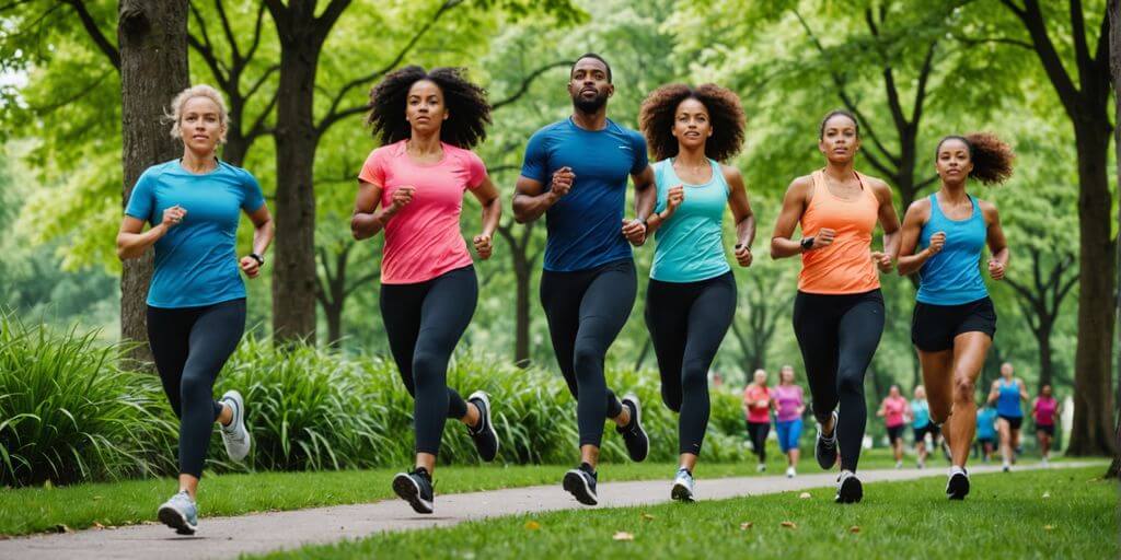 People jogging in a lush park.