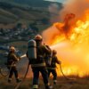 Paisagem portuguesa com bombeiros em ação.