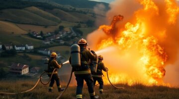 Paisagem portuguesa com bombeiros em ação.