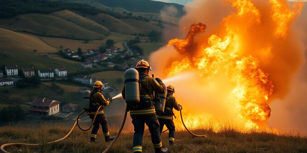 Paisagem portuguesa com bombeiros em ação.