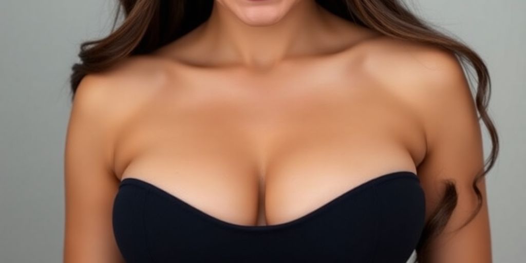 Mulher com seios elevados e sorriso confiante.