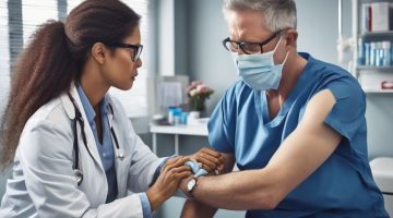 doctor giving flu shot to patient in clinic