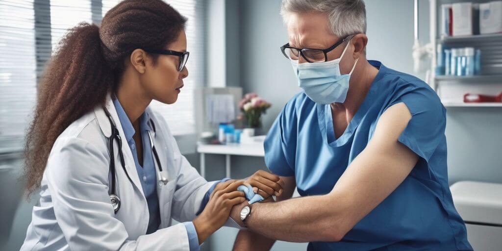 doctor giving flu shot to patient in clinic