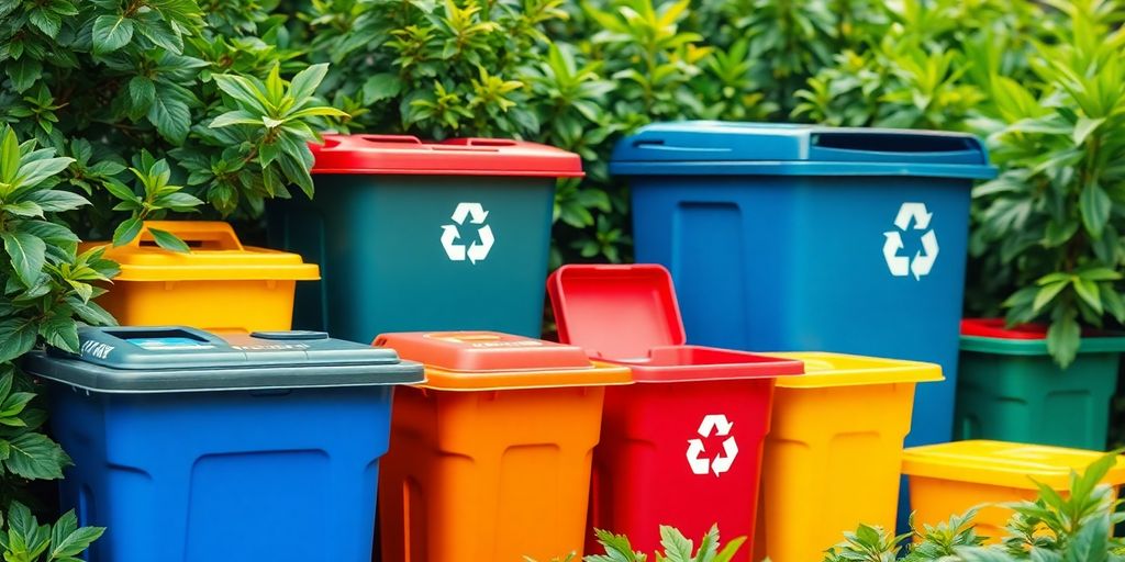 Caixas de reciclagem coloridas rodeadas por vegetação.
