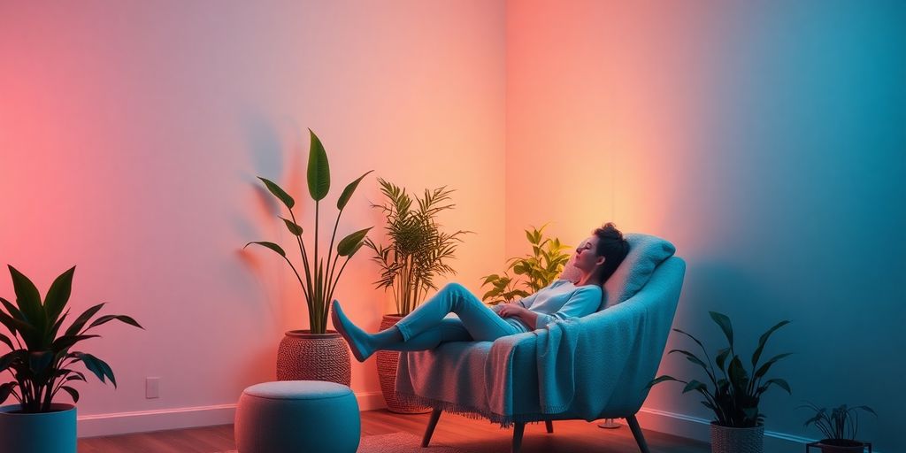 Pessoa relaxando em um ambiente tranquilo e acolhedor.