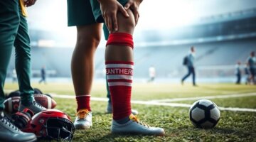 Atleta lesionado recebendo atendimento médico no campo.