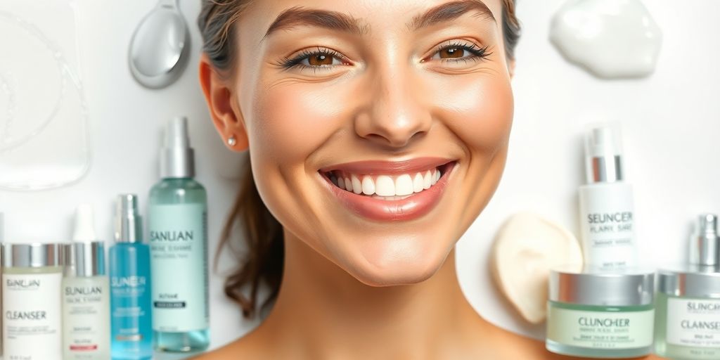 Mulher com pele radiante e produtos de cuidados.