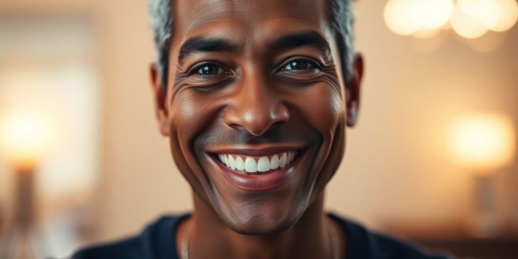 Paciente sorrindo após mentoplastia com contornos faciais aprimorados.