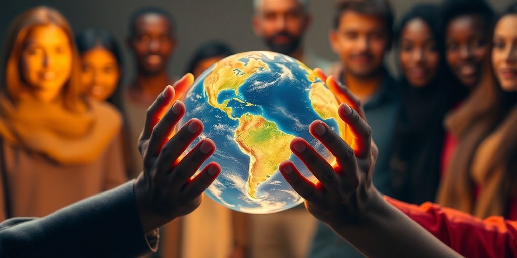 Mãos segurando um globo, pessoas diversas ao fundo.