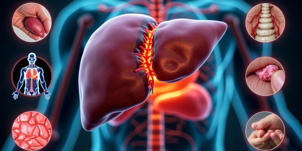 Fígado humano com danos visíveis e imagens médicas.