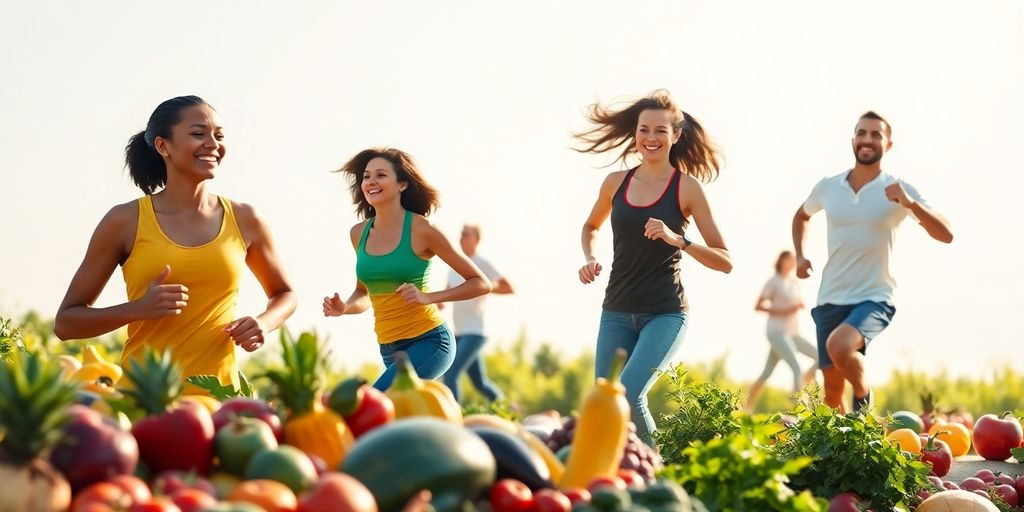 Pessoas saudáveis praticando esportes e alimentação balanceada.