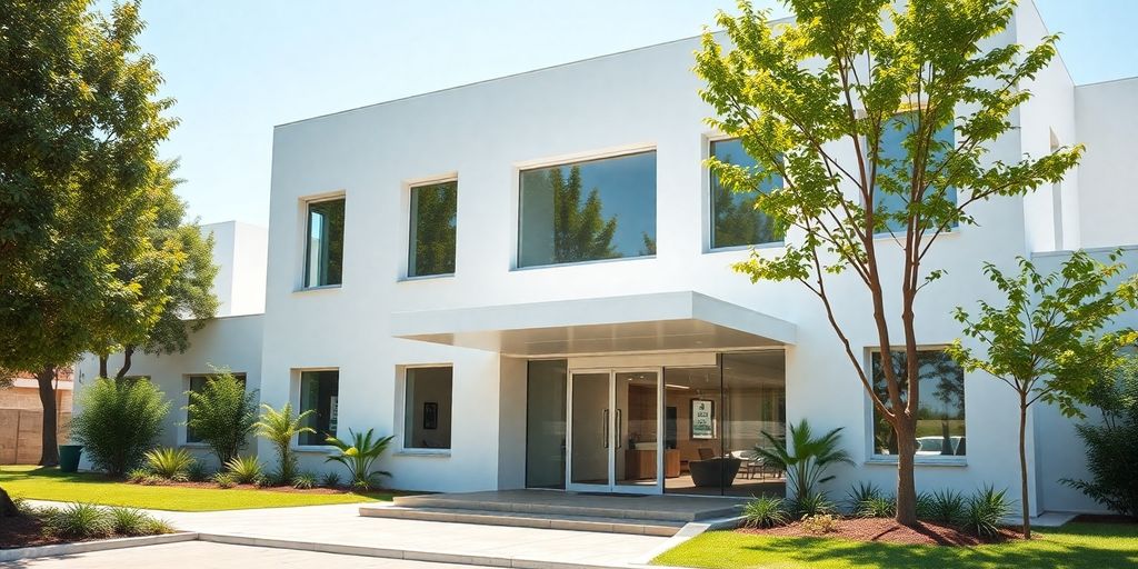 Fachada de um moderno centro de saúde português.