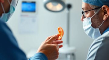 Consulta de otoplastia entre paciente e cirurgião.