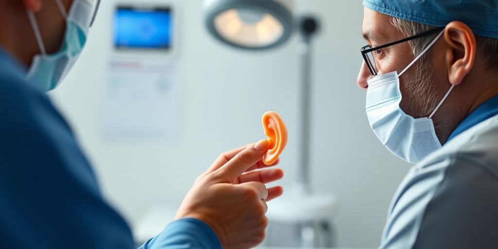 Consulta de otoplastia entre paciente e cirurgião.