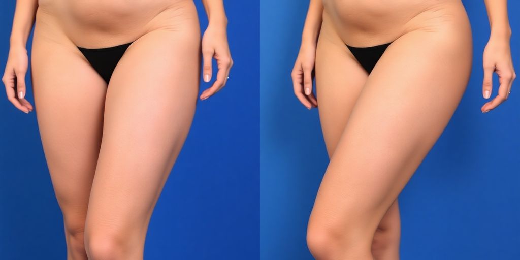 Antes e depois da cirurgia de lifting de coxas.