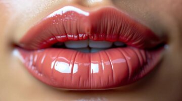 Lábios volumosos e brilhantes, com aparência natural.